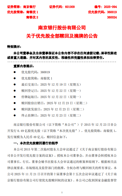 南京银行：拟于2025年12月23日全额赎回0.49亿股优先股