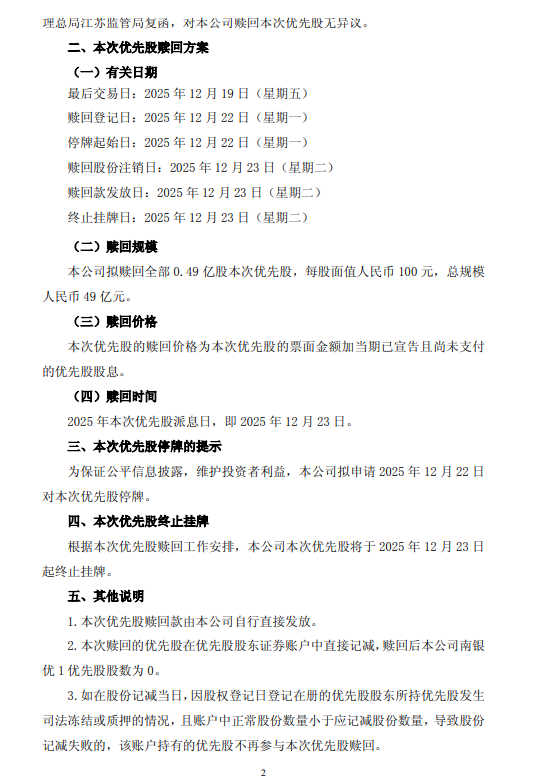 南京银行：拟于2025年12月23日全额赎回0.49亿股优先股